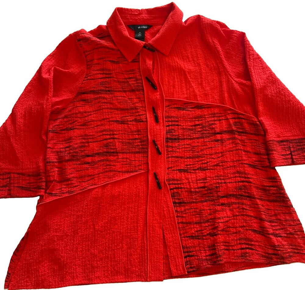 Ali Miles Top Red & Black Textured Modern Contemporary Artsy Flowy Petite Large